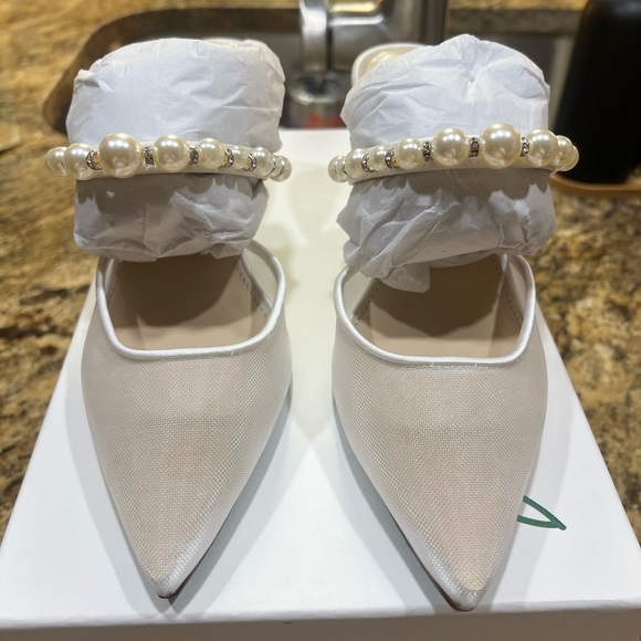 Betsey Johnson Shoes - Betsey Johnson Cream Heels with Pearl Accents